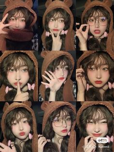 many different pictures of a woman wearing bear ears and holding her hands up to her face