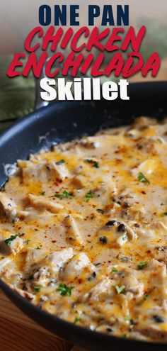 chicken enchilada skillet with sour cream sauce on the side and text overlay