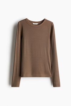 Fitted top in soft  ribbed cotton and modal jersey. Crew neck and long sleeves. Dark Taupe, M Beauty, Fitted Top, Fashion Company, Workout Tops, Personal Style, H&m, Long Sleeves, Womens Tops