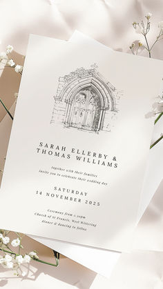 A wedding invitation featuring an intricate sketch of a church door at the top. The invitation text is customisable and printed in a formal serif font, making it ideal for traditional weddings. Personalised and available through UtterlyPrintable.com. Doorway Illustration, Church Wedding Invitation, Cream Wedding Invitations, Classic Wedding Stationery, Square Wedding Invitations, Timeless Wedding Invitations, Illustrated Wedding Invitations, Minted Wedding Invitations, Muslim Wedding Invitations