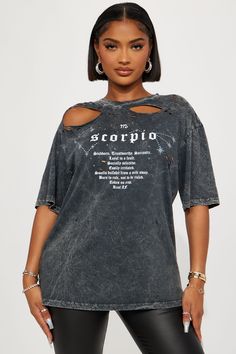 Available In Charcoal. T-shirt Crew Neck Short Sleeve Scorpio Graphic Front Screen Distressed Detail Washed Loose Fit Disclaimer: Due To The Printing Process A Difference In Saturation May Occur. Each Garment Is Unique. Disclaimer: Due To The Specialized Wash and Distressed Process, Each Garment Is Unique. 100% Cotton Imported | Scorpio Distressed Tee Shirt in Charcoal size 2X by Fashion Nova Scorpio Graphic, Tops And Bottoms, Distressed Tee, Graphic Tees Women, Womens Clothing Tops, Fashion Nova, Short Sleeves Tops, Tee Shirt, Loose Fitting