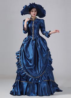 Blue Victorian Bustle Dresses Edwardian Masquerade Ball Dresses Edwardian Masquerade, Crystal Outfit, Blue Victorian Dress, Navy Blue Ball Gown, Masquerade Ball Dresses, Masquerade Party Dresses, Bustle Dresses, Fabric Study, 19th Century Dress