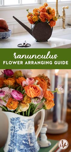 an arrangement of flowers in a blue and white vase with the title, beautiful flower arranging guide