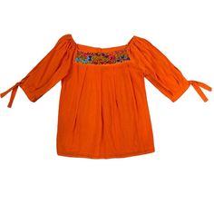 Gorgeous Handmade Top With Beautiful San Antonino Embroidery Made With Silk Thread. The Fabric Is Rayon Very Soft, 3/4 Sleeve, Very Soft Fresh Material. Perfect For The Summer Season! One Size Fits Small To Large. Embroidered Half Sleeve Top For Summer, Summer Embroidered Tops With 3/4 Sleeves, Orange Floral Embroidered Long Sleeve Top, Casual Orange Embroidered Blouse, Long Sleeve Orange Top With Floral Embroidery, Orange Long Sleeve Blouse With Floral Embroidery, Summer Tops With Floral Embroidery And 3/4 Sleeve, Summer Peasant Top With 3/4 Sleeves, Summer Floral Embroidery 3/4 Sleeve Tops