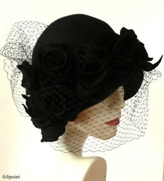 "Black veil hat,Cloche Felted Hat, felt hat, Cloche Hat, black Hat, Art Hat Black Hat La belle epoque Art Deco 1920s hat Art Hats Black hat cloche 1920's hat black roses Hats&Caps Accessories Handmade Great, very flattering black hat with black veil! Adapts to the head ! Special and unique ! Sophisticated and elegant ! I can make this hat in other colors and sizes. Made just for you To measure your head: Using a tape measure, go around head about 1\" above eyebrows in front and include the l Black Brimmed Hat For Vintage Events, Black Cloche Wedding Hats And Headpieces, Black Cloche Costume Hat For Wedding, Black Cloche Wedding Hat, Black Victorian Hat For Evening, Black Victorian Evening Hat, Black Cloche Hat For Church, Black Cloche Costume Hat For Church, Black Cloche Church Hat