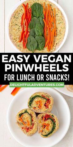 easy vegan pinwheels for lunch or snacks with spinach and carrots