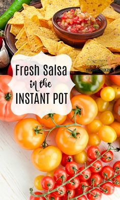 fresh salsa in the instant pot with tomatoes, peppers and tortilla chips next to it