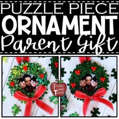 the puzzle piece ornament parent gift has two pictures in it and is decorated with red ribbon