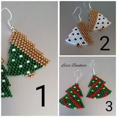 beaded christmas tree earrings are shown in three different ways