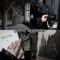 a woman in black dress holding a book and looking at the camera with caption gothic academy