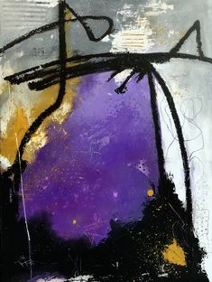 an abstract painting with black, yellow and purple colors