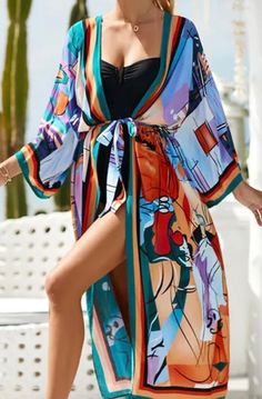 Birght abstract city scape kimono rayon layering piece Bohemian Kimono With Abstract Print For Vacation, Chic Long Printed Kimono, Summer Kimono With Abstract Print And Kimono Sleeves, Spring Kimono With Abstract Print, Long Multicolor Print Summer Kimono, Colorful Pattern Kimono For Spring Beach, Long Kimono With Vibrant Print For Vacation, Multicolor Long Printed Kimono, Colorful Spring Beach Kimono