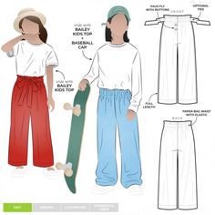 a paper doll is holding a skateboard and wearing wide legged pants with drawstrings