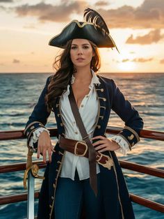 a woman in pirate costume standing on the deck of a ship at sunset with her hands on her hips