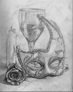 a drawing of a mask, candle and rose on a table with an ink pen