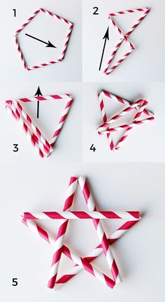 instructions to make paper star ornaments with red and white striped strips on the bottom, one is