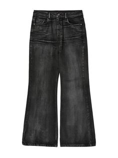 This is a comfortable and casual denim pants that is made out of sturdy cotton 100% denim fabric. With a trendy and young design with minimal details and wide flare silhouette and unique vintage tone achieved through coating process, it gives a comfortable and casual look. - Coating washed detail- Baggy flare silhouette- Logo leather patch on the back waistband Flared Baggy Jeans, High Waist Washed Black Flare Jeans, Trendy Washed Black Flare Jeans With Five Pockets, Washed Black Wide Leg Flare Jeans For Streetwear, Wide Leg Washed Black Flare Jeans For Streetwear, Wide Leg Flare Jeans In Washed Black For Streetwear, Trendy Acid Wash Wide Leg Flare Jeans, Washed Black Wide-leg Denim Jeans, Flared Jeans With Five Pockets For Streetwear