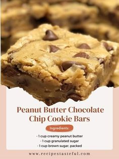 Peanut Butter Chocolate Chip Cookie, Peanut Butter Chocolate Chip Cookies, Chocolate Chip Cookie Bars, Cookie Snack, Peanut Butter Chocolate Chip, Peanut Butter Chocolate, Bread Recipes Sweet, Butter Chocolate, Chocolate Chip Cookie