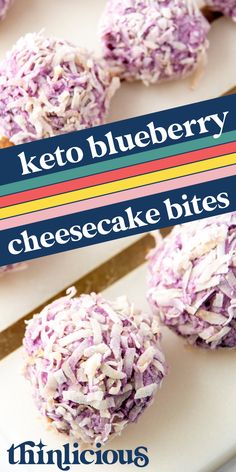 three blueberry cheesecake bites on a white plate with the title text overlay reads, keto blueberry cheesecake bites