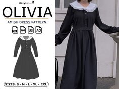 Our Olivia amish style sewing pattern creates timeless elegance. This women's sewing pattern is designed for those who appreciate the classic simplicity and modest charm of traditional amish attire.  It is perfect for a variety of occasions and is a versatile addition to your sewing collection.  Whether you're crafting a stunning long dress for everyday wear or designing a unique costume for cosplay or diy halloween, our comprehensive dress pattern PDF will guide you through the sewing process. Diy Halloween Dress, Amish Dress, Vintage Dress Pattern, Amish Style, Costume Unique, Dress Patterns Diy, Women's Sewing Pattern, Unique Costumes, Vintage Dress Patterns