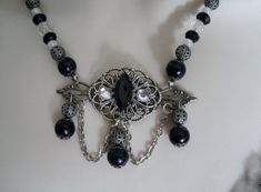 Elegant Victorian Necklace Gothic Silver Jewelry With Black Beads, Gothic Silver Necklace With Black Beads, Gothic Black Beads Necklace For Jewelry Making, Silver Gothic Necklace With Black Beads, Bohemian Black Beaded Evening Jewelry, Gothic Silver Beaded Necklaces With Black Beads, Gothic Silver Jewelry For Evening, Gothic Beaded Jewelry For Evening, Silver Gothic Jewelry For Evening