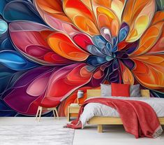 an artistic wall mural in a bedroom with colorful flowers on the wall and a bed