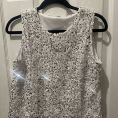 Shirt Is From Moxidress White With Silver Sequins. Shirt Is Lined Size Large White Sleeveless Party Top, White Crew Neck Top For Party, White Sequined Party Top, White Sequined Blouse For Night Out, White Crew Neck Party Shirt, White Crew Neck Shirt For Party, Spring White Sequined Tops, Spring White Sequin Blouse, White Sequined Tops For Spring