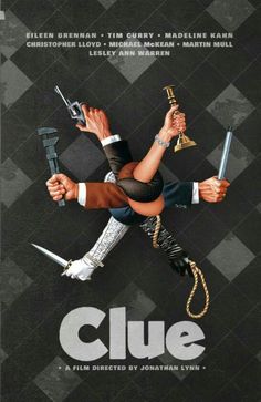 the movie poster for clue, which features two women holding swords and one man in uniform