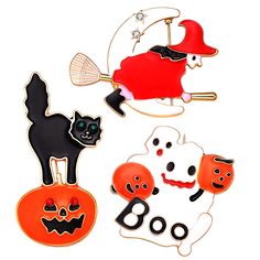 three halloween decorations are shown on a white background