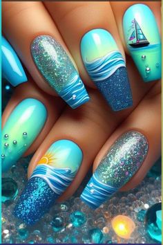 This nail design brings the serene beauty of the beach to your fingertips. The base features a gradient of oceanic blues, mimicking the depths of the sea, with a subtle shimmer that captures the light like sunlit waves. Each nail is adorned with delicate seashell accents, painted in pearly whites and sandy beiges, creating a perfect contrast against the blue background. Tiny starfish, seafoam, and intricate wave patterns complete the look, making this design a dreamy homage to a tranquil day at the beach. Ideal for those who want to carry a piece of the ocean with them wherever they go.

#beach_club_360 #3_beach_minimum #4-4x4 4_answer #7_beach #8_ball_nails #9_inch_nails_number #9_beach Summer Fun Nails Designs, Complex Nail Art, Summer Color Nails, Neon Ideas, Beach Nail Designs, Summer Designs, Cute Summer Nails, Vacation Nails, Bright Nails