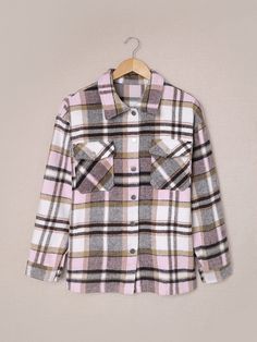 Pink Geometric Plaid Print Pocketed Shacket Specifications: Item No: LC255462-10 Product Weight: 0.69Kg Tag Category: Shacket, DL Exclusive, Print Plaid, Color Pink, Season Fall & Autumn Brand Category: Outerwear > Jackets Creation Time: 2022-08-14 Material: 100% Polyester Style: Casual Pattern: Plaid Details: Pocket, Button Silhouette: Sheath Sleeve Length: Long Sleeve Occasion: Daily Clothes Length: Tunic Composition: One piece Neckline: Shirtcollar Description: Sweet yet rugged plaid details Romper And Jacket, Plus Size Outerwear, Pocket Shirt, Plaid Jacket, Pink Plaid, Plaid Print, Navy Women, Blue Plaid, Outerwear Jackets