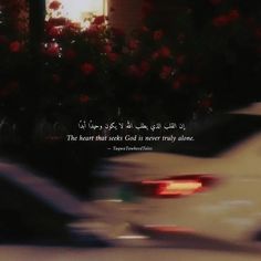 blurry photograph of cars and roses in the background with an islamic quote on it