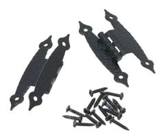 four pieces of black plastic with screws and nails on white background for use as decoration