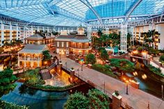 an indoor shopping mall with lots of trees and plants