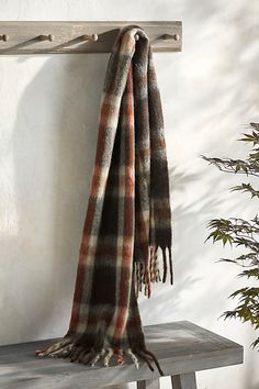 The perfect winter warmer or holiday gift, this cozy scarf features a large-scale plaid pattern and fringe trim. | Plaid Blanket Scarf, Rose in Pink at Terrain Scarf Rose, Plaid Blanket Scarf, Cozy Scarf, Plaid Blanket, Bandana Scarf, Winter Warmers, Unisex Accessories, Blanket Scarf, Fringe Trim