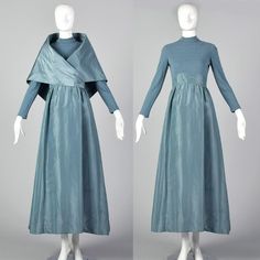 This is a really incredible dress and shawl set by Mollie Parnis. It has a knit long sleeve mock-neck bodice in a steel grey blue color. There is a band around the waist of taffeta in the same color, which then falls beautifully into a long full skirt. There is a matching wrap taffeta shawl that can be worn as you wish or you can be wrapped around the shoulders and fastened at the waist in a beautiful and unique silhouette.    Condition: Very Good Condition Details: Very good - There is an area on the back left side of the skirt where the taffeta has a line of warping. There is a small dark spot on the front right side of the skirt near the hem. There are other small faint spots elsewhere near the base of the skirt. The knit top has some light pilling on the bodice. The wrap has no notable Long Sleeve Maxi Dress Formal, Shawl Winter, Winter Evening, Dress Knit, Evening Gown Dresses, Wrap Shawl, Ethnic Dress, Maxi Dress Formal, Sleeve Maxi Dress