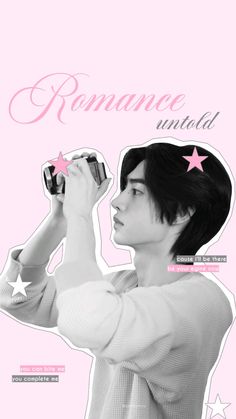 a woman holding a camera up to her face with the words romance unto written on it