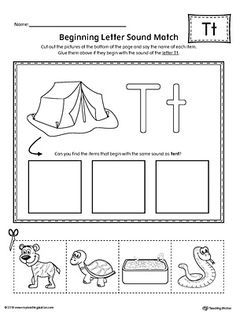 the beginning letter sound match worksheet is shown with pictures of animals and tents