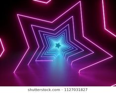 an abstract background with glowing neon lights and stars in the shape of hexagons