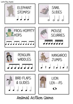 an animal action game for children to play with their own animals and music notes,