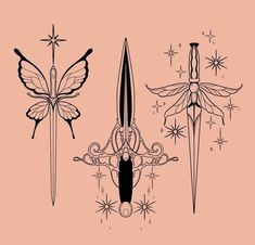 three different types of knifes with wings and stars in the sky behind them on a pink background