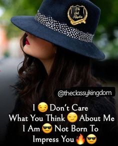 a woman wearing a blue hat with emoticions on it and the caption princess 077 i don't care what you think about me, i am not born to impress