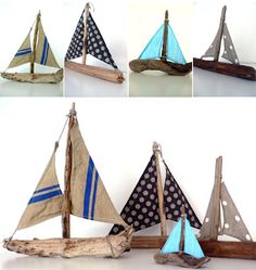 four different types of sailboats made out of driftwood