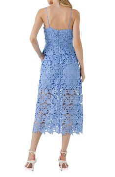 Floral lace embroidery beautifully covers the fit-and-flare silhouette of a sleeveless midi dress with scalloped trim and hidden pockets at the sides. 100% polyester Hand wash, dry flat Imported Spring Chic Lace Dress With Scalloped Edges, Chic Blue Scalloped Lace Dress, Blue Lace Midi Dress With Scalloped Lace, Blue Sleeveless Lace Dress With Lace Patchwork, Blue Sleeveless Lace Dress With Lace Trim, Blue Sleeveless Lace Patchwork Dress, Blue Sleeveless Lace Dress With Patchwork, Elegant Blue Midi Dress With Scalloped Lace, Blue Lace Dress With Lace Trim