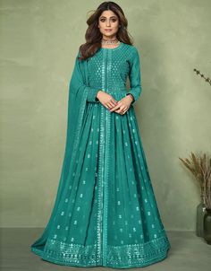 Light Green Anarkali style Anarkali Faux Georgette Emerald Green Evening Dress, Long Choli Lehenga, Long Anarkali Gown, Lehenga Anarkali, Georgette Anarkali Suits, Green Anarkali, Western Gown, Anarkali Lehenga, Skirt Top Set