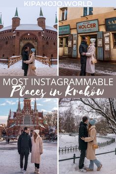 people standing in front of a building with snow on the ground and text overlay that reads most instagrammable pieces in kremov