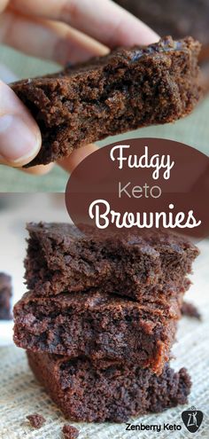 chocolate fudge keto brownies stacked on top of each other with text overlay