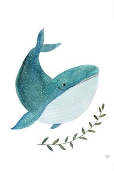 a painting of a blue whale with green leaves