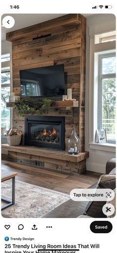 a living room with a fire place and tv on the wall, in front of a window