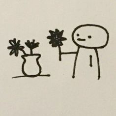 a drawing of a person holding flowers in front of a vase with another plant behind it